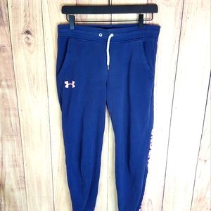 Under Armour Blue Joggers With Drawstring Waist And Pink Lettering Down One Leg